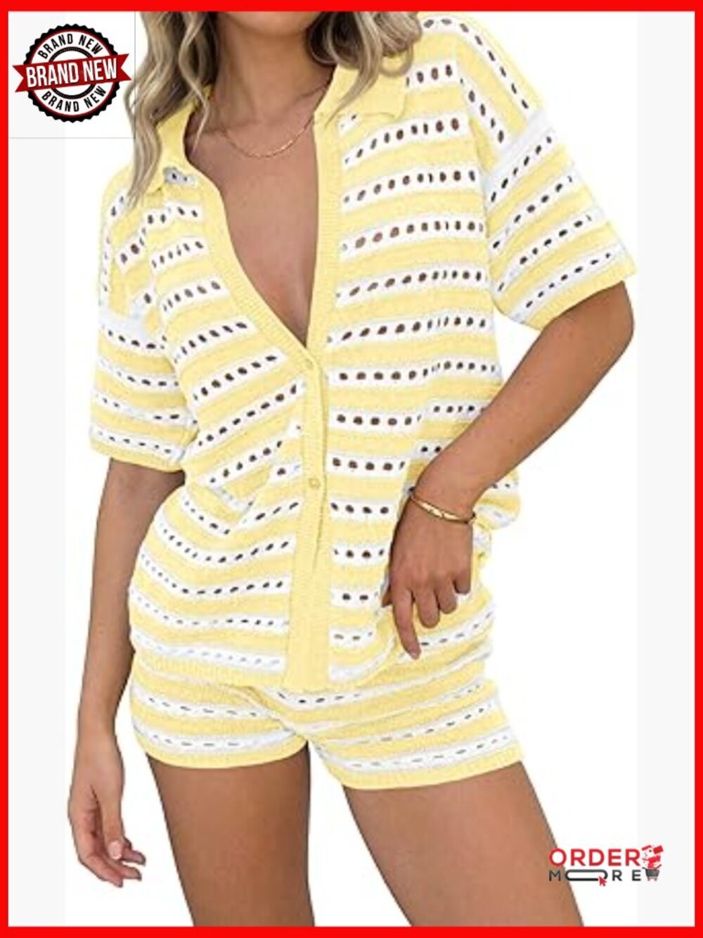 Crochet Knit 2 Piece Set Short Sleeve Button Up Top and Shorts Summer Outfit